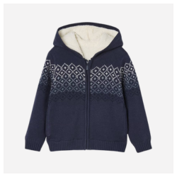  Gefütterte Strickjacke mit Kapuze für Jungen, Teddyfleece-Futter - marine 